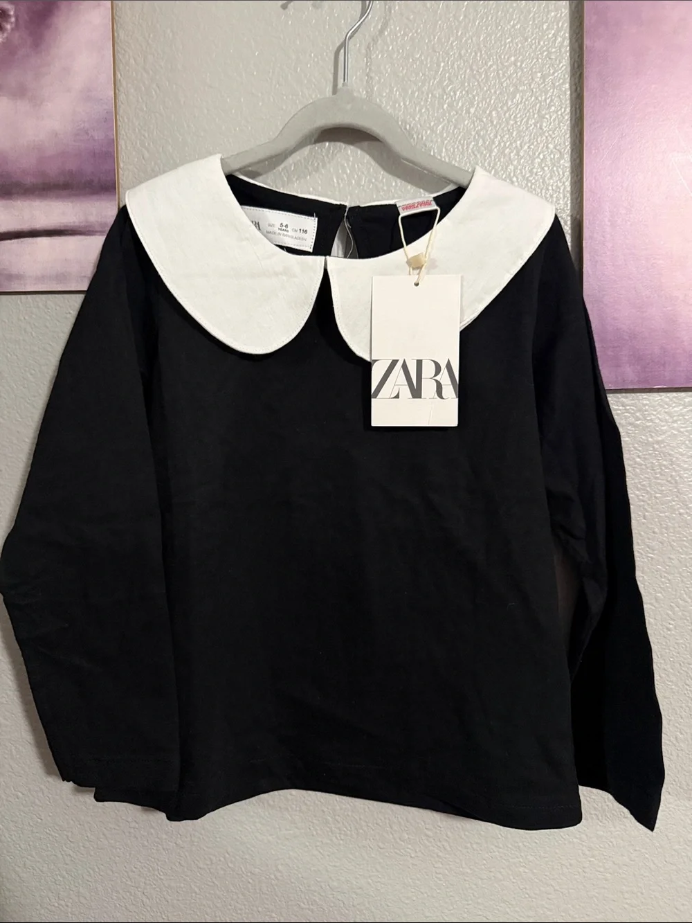 Zara collared t shirt blouse girl 5/6 years Black new cotton